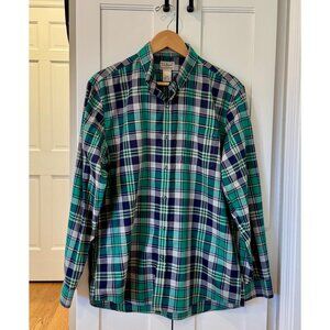 L.L. Bean Mens Wrinkle Resistant Button Down Plaid Shirt Green Navy Blue Medium